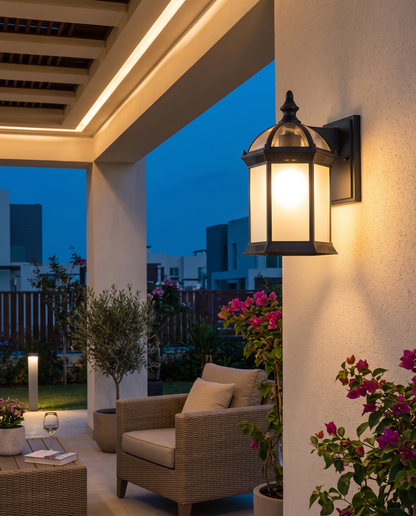 Wall-mount black patio sconce on a stucco patio wall