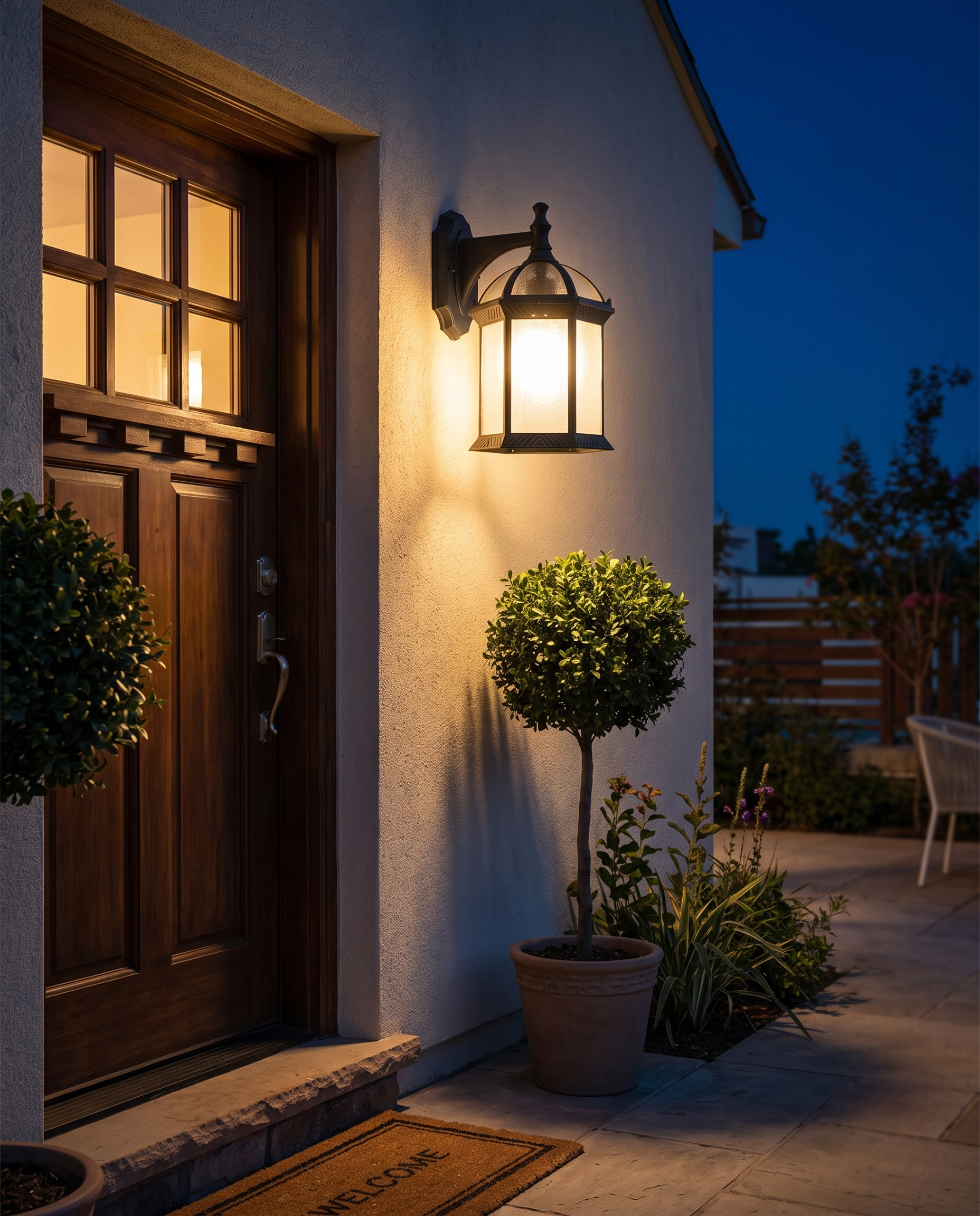 Wall-mount black patio sconce beside a side entrance