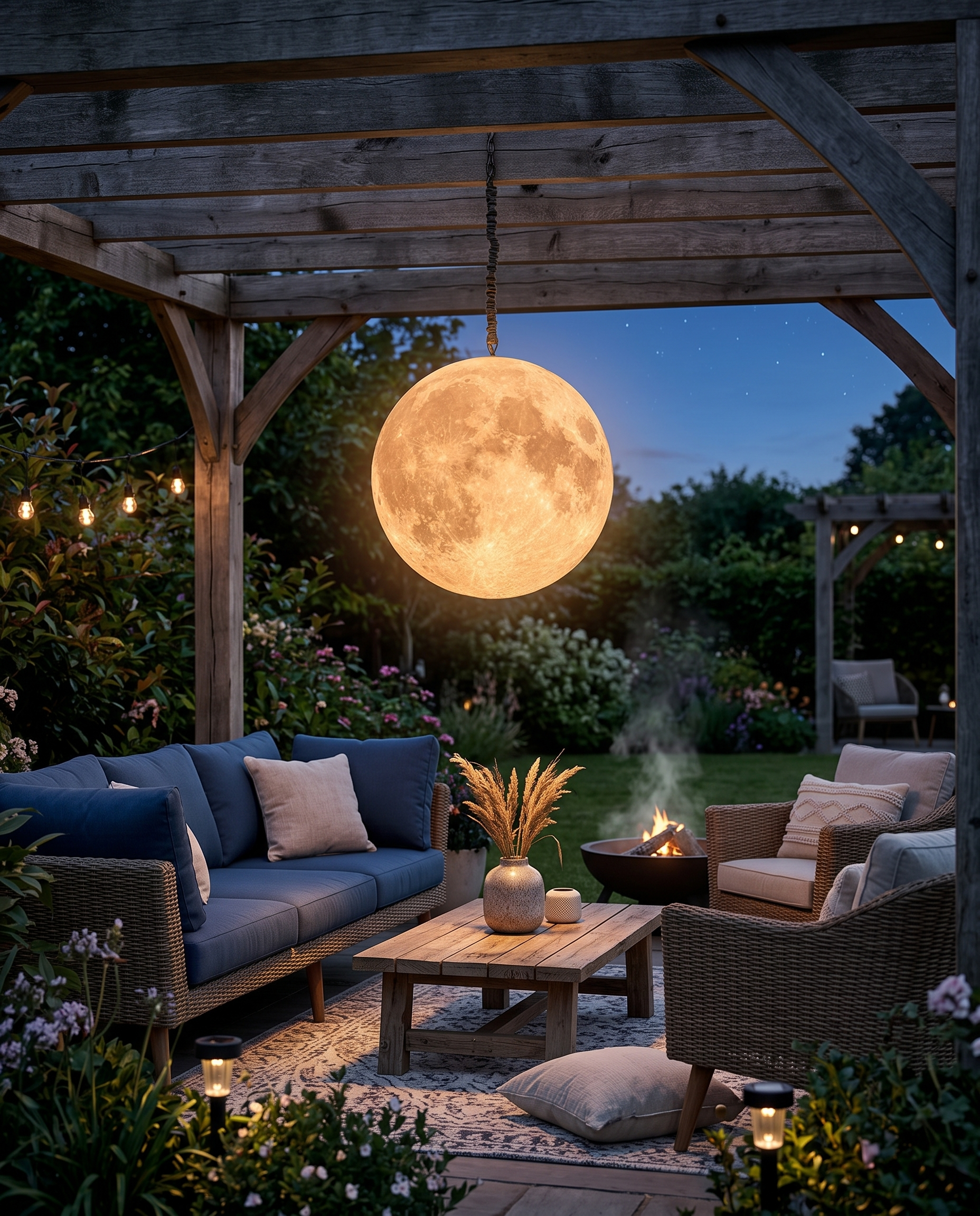 Outdoor moon lamp under a pergola over a garden lounge