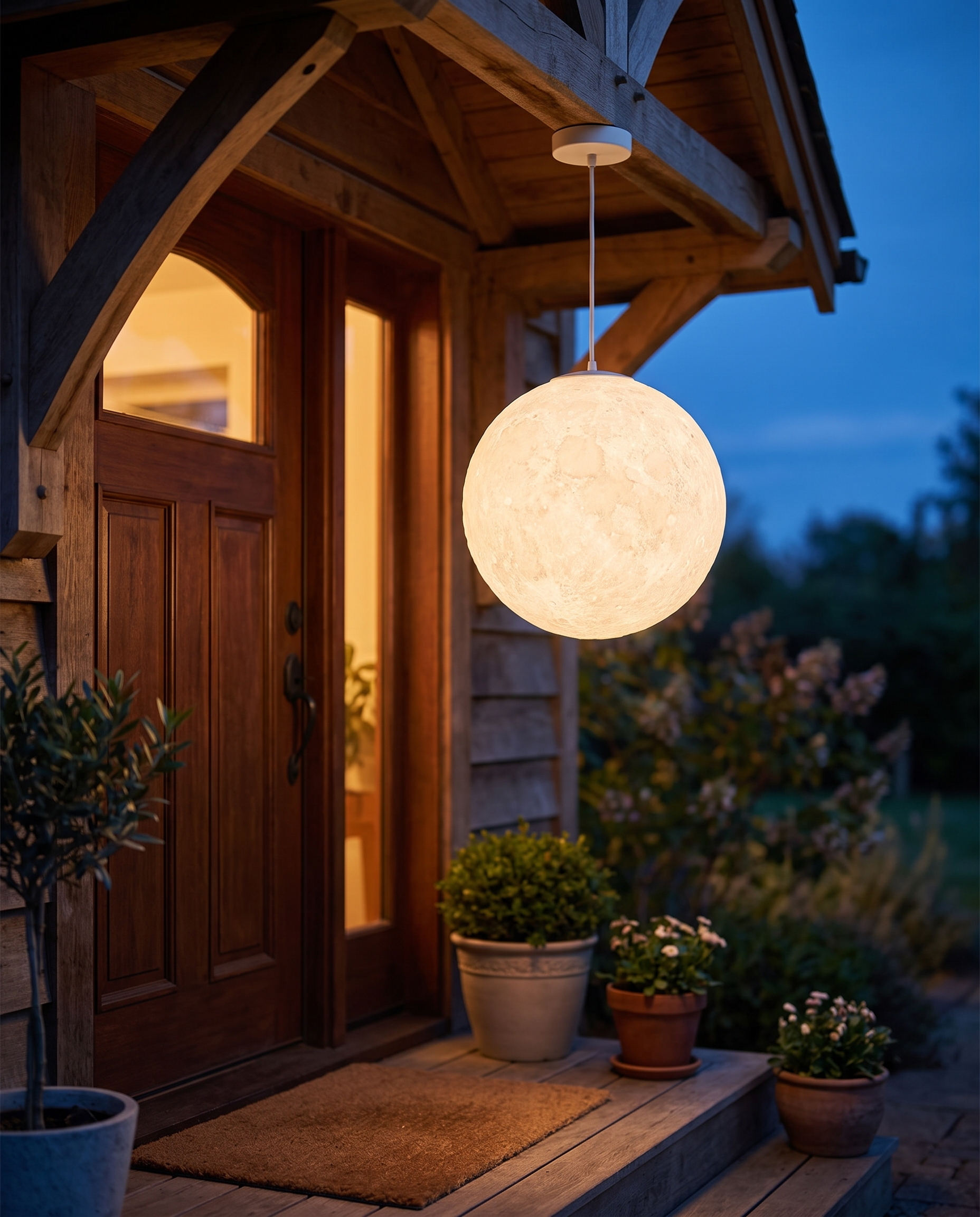 Outdoor moon lamp beside a home doorway in the evening