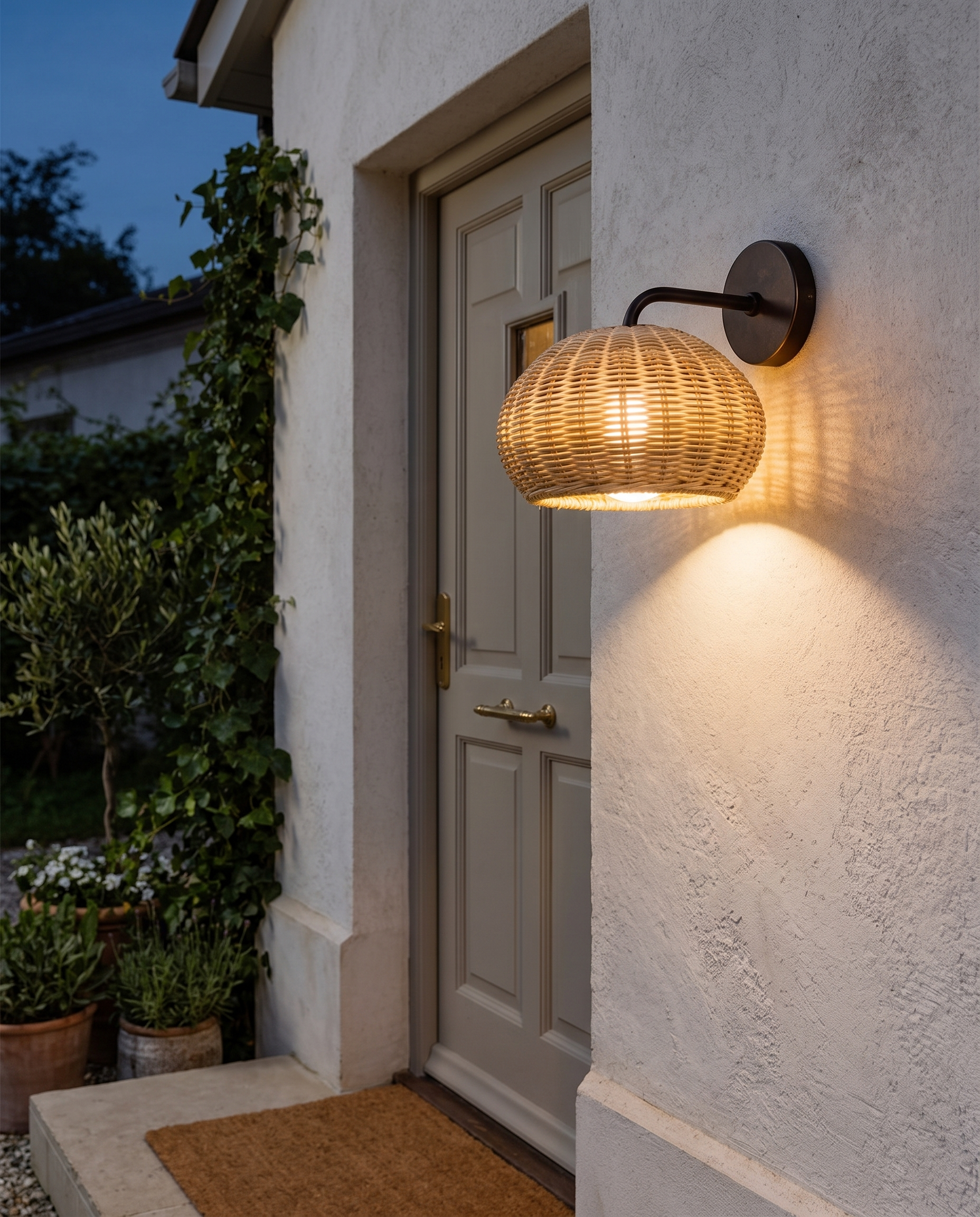 Rattan wall sconce mounted beside a front door