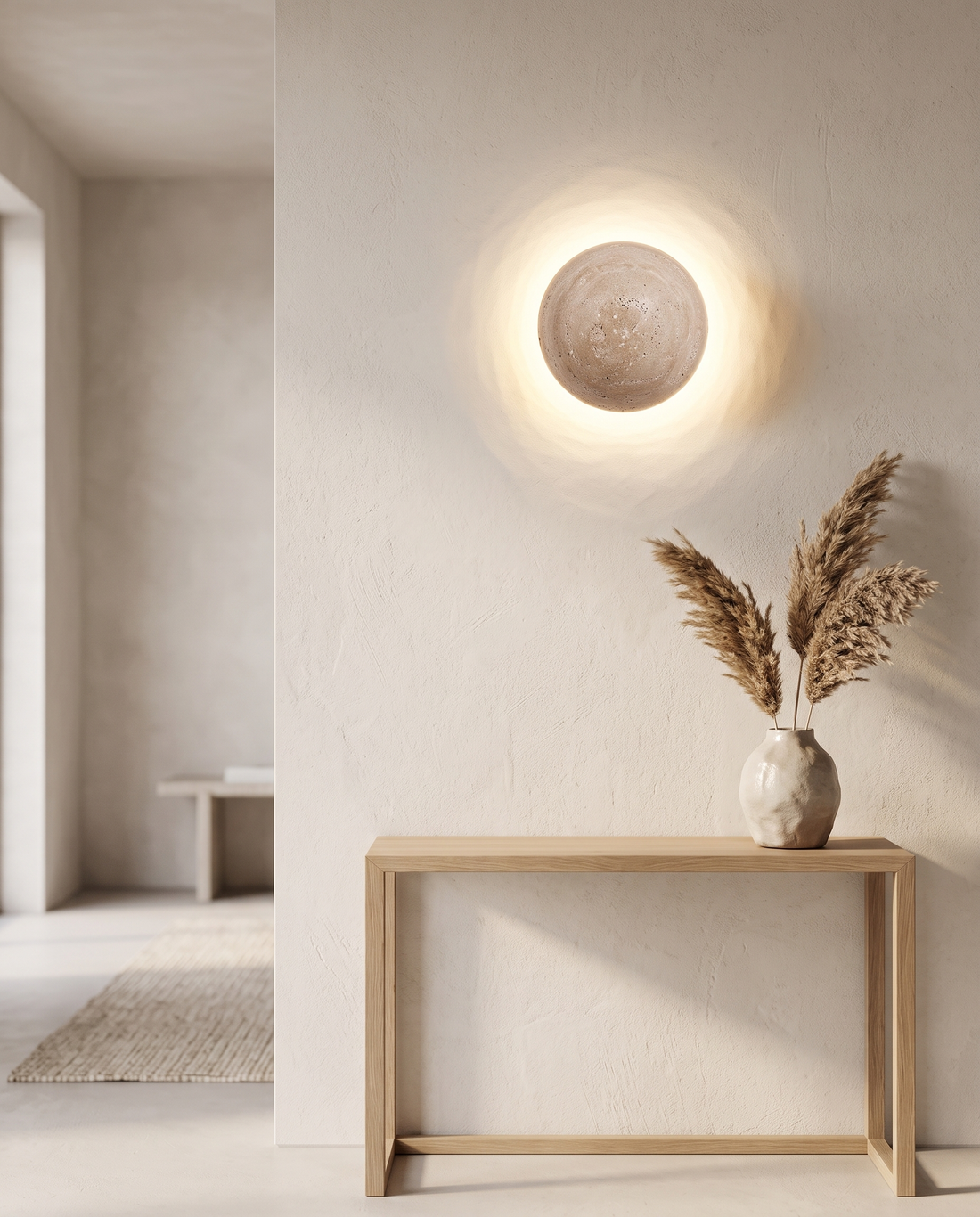 Nara Travertine Wall Sconce in a minimalist Japandi hallway