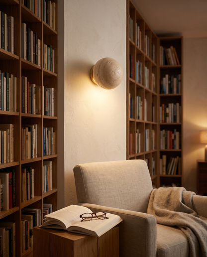 Nara Travertine Wall Sconce above a reading nook