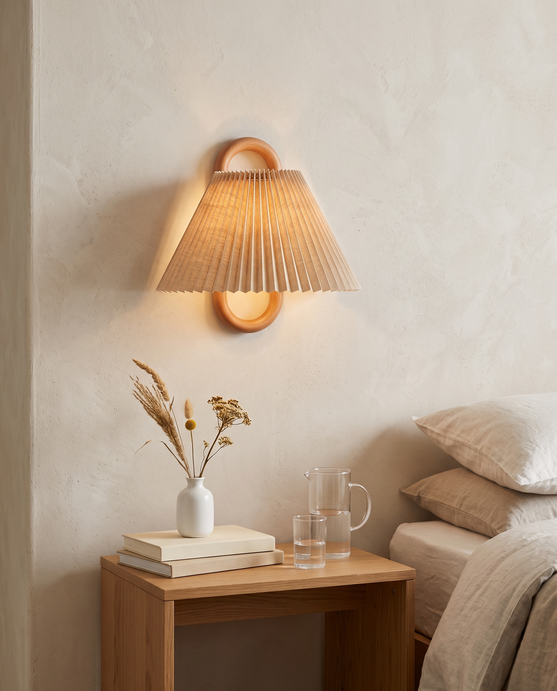 Aspen Wood Wall Sconce Beige Pleated - bedroom