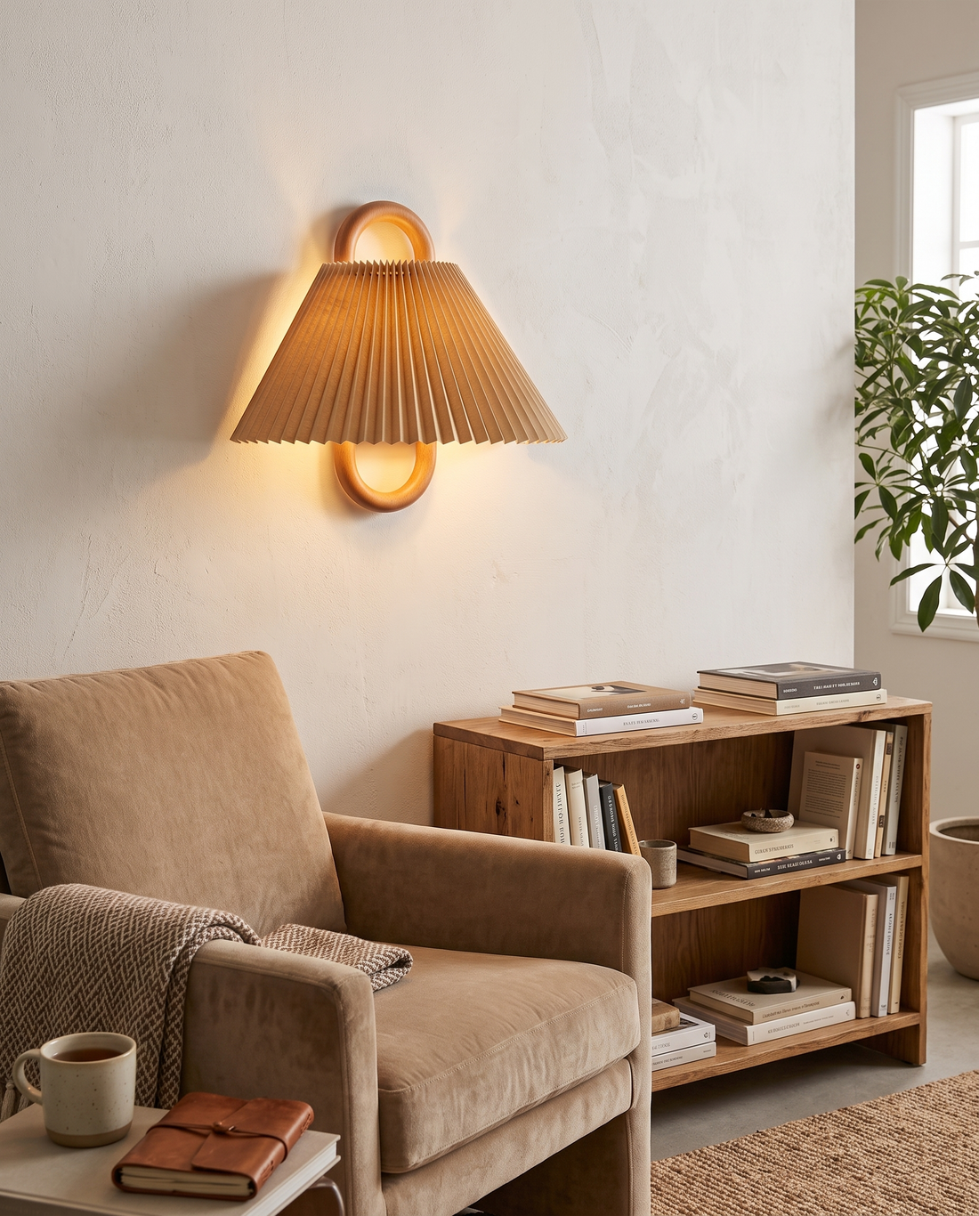Aspen Wood Wall Sconce Beige Pleated - reading corner