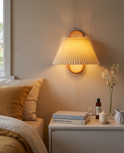 Aspen Wood Wall Sconce Yellow Pleated - bedroom nightstand