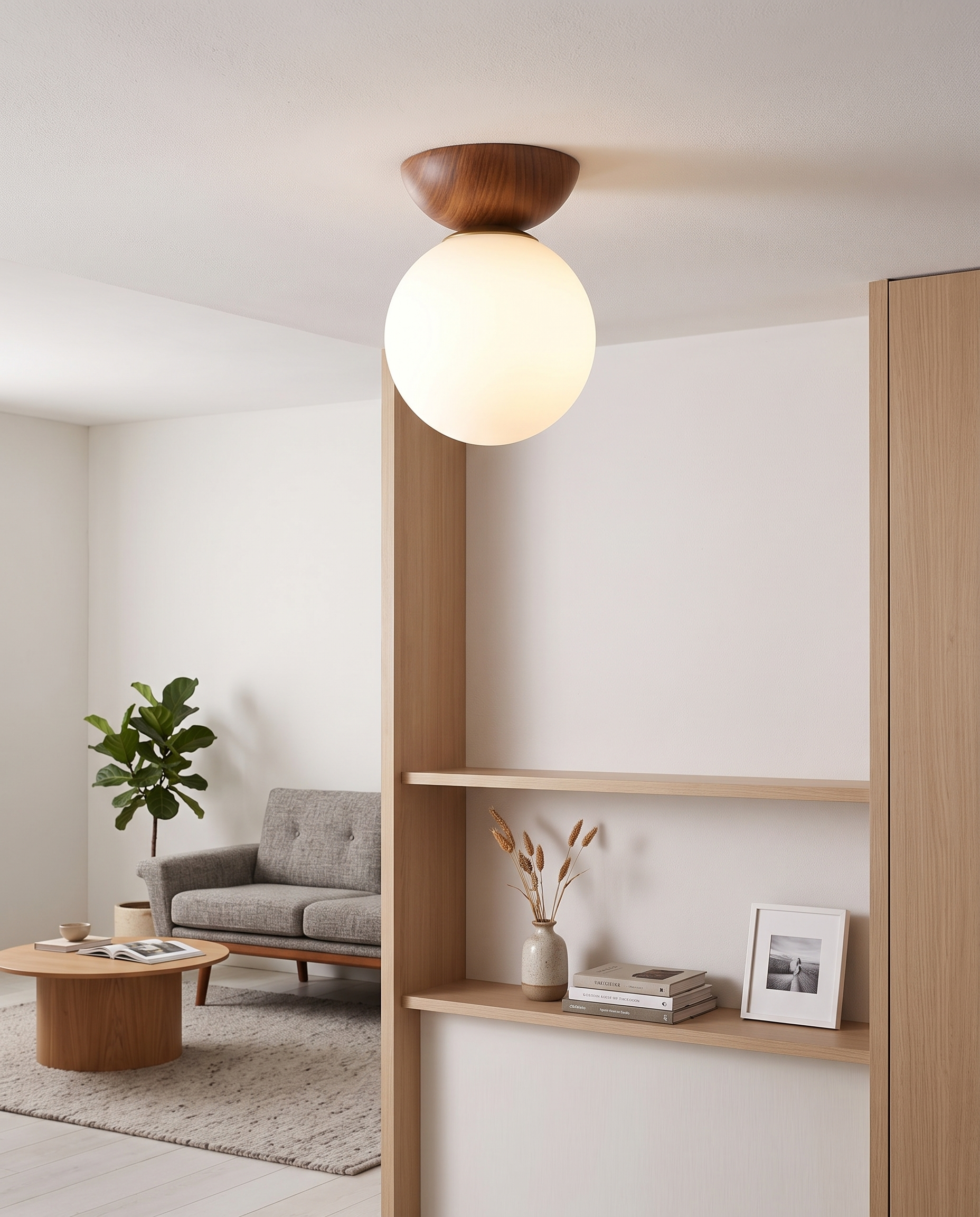 Sfera Glass Ceiling Light Semi-Flush Wood - living room