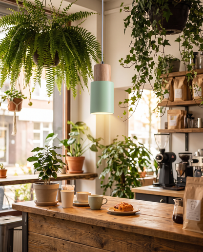 Fika Pendant Light in Green in a cozy cafe