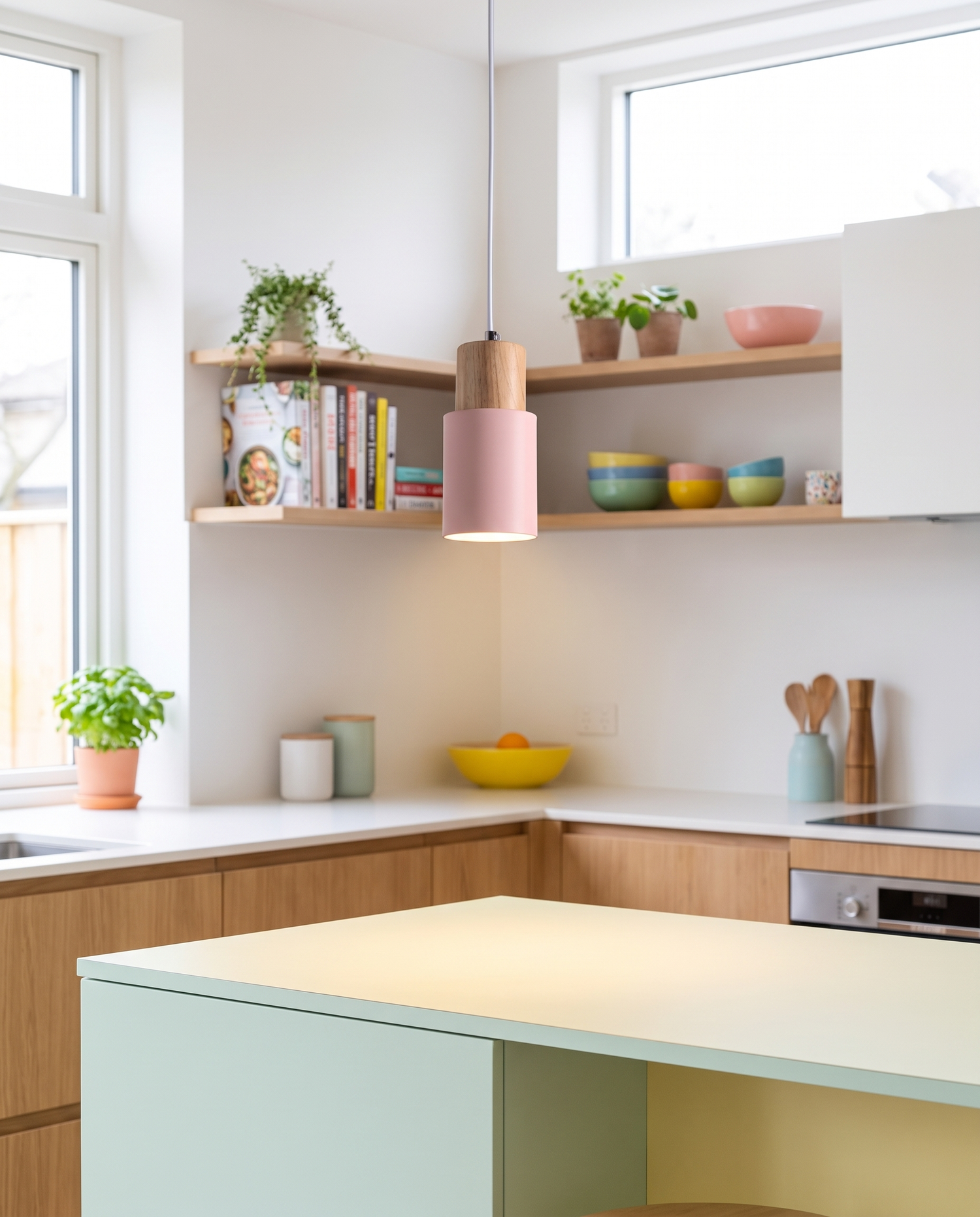 Fika Pendant Light in Pink over a playful kitchen island