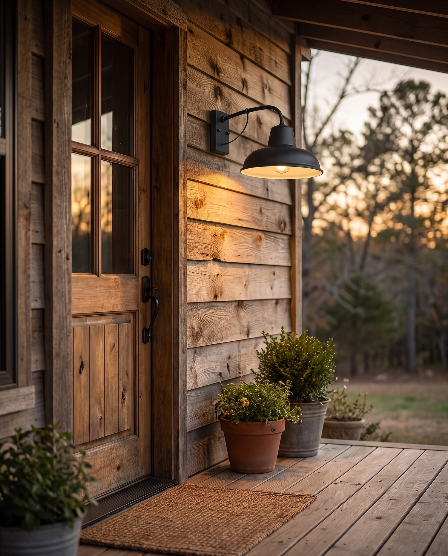 Ferro Barn Wall Sconce in Black beside a farmhouse porch door