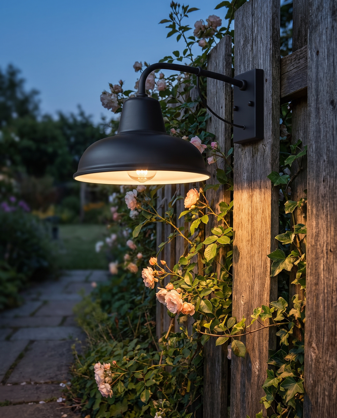 Ferro Barn Wall Sconce in Black on a garden fence