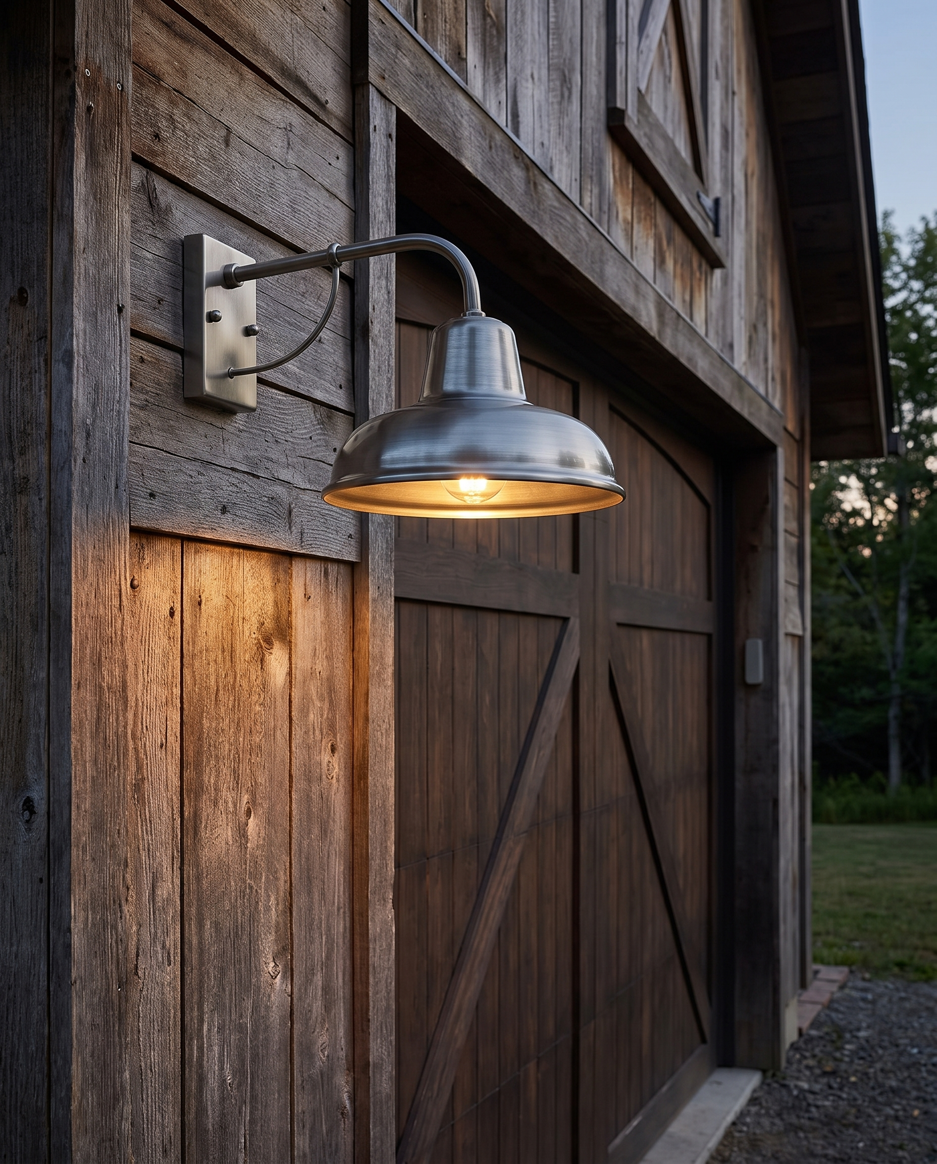 Ferro Barn Wall Sconce in Silver Black beside a barn garage door
