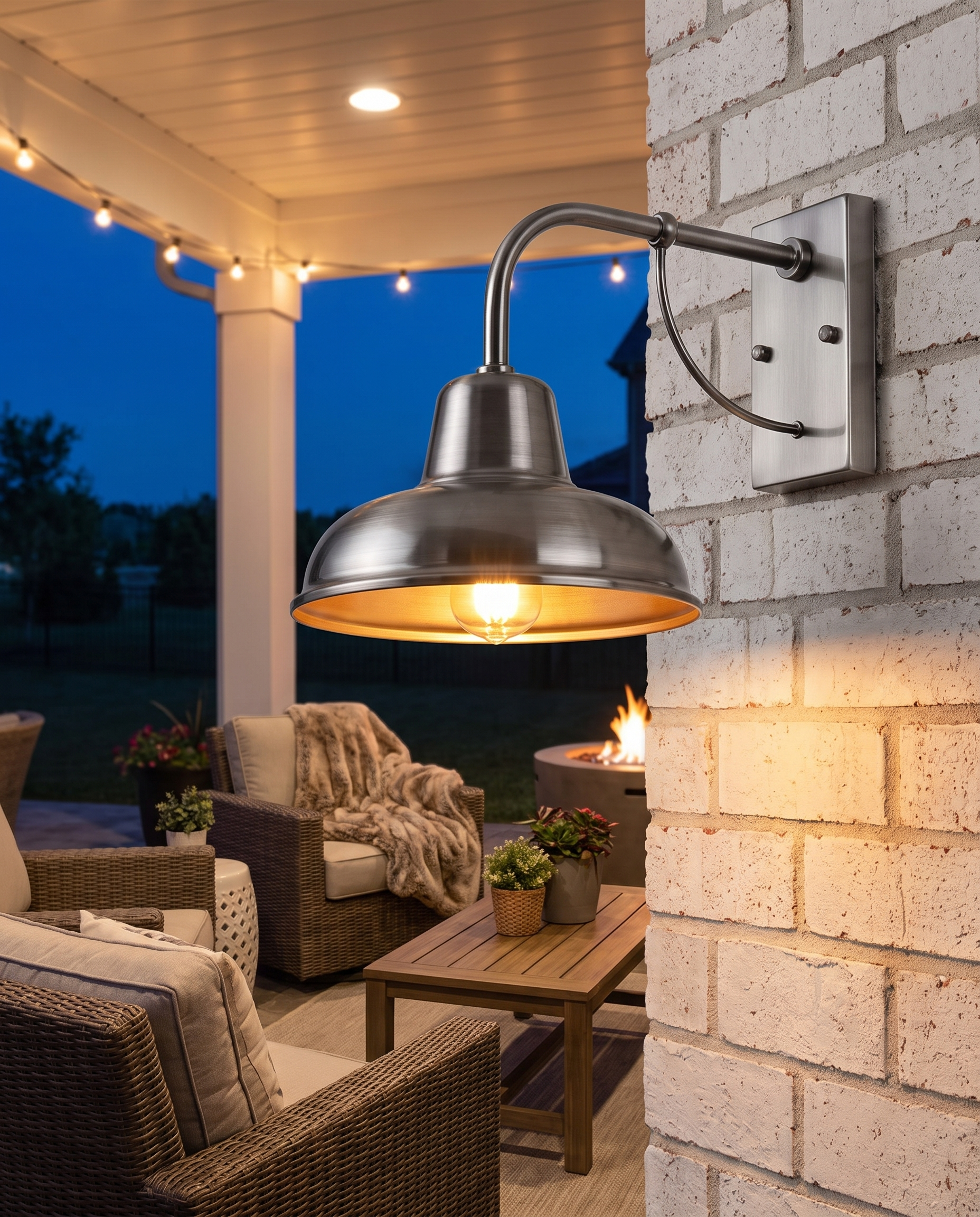 Ferro Barn Wall Sconce in Silver Black on a covered patio