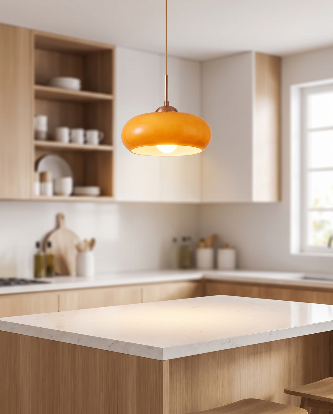 Cobre Glass Ceiling Light in Orange as a pendant over a kitchen island