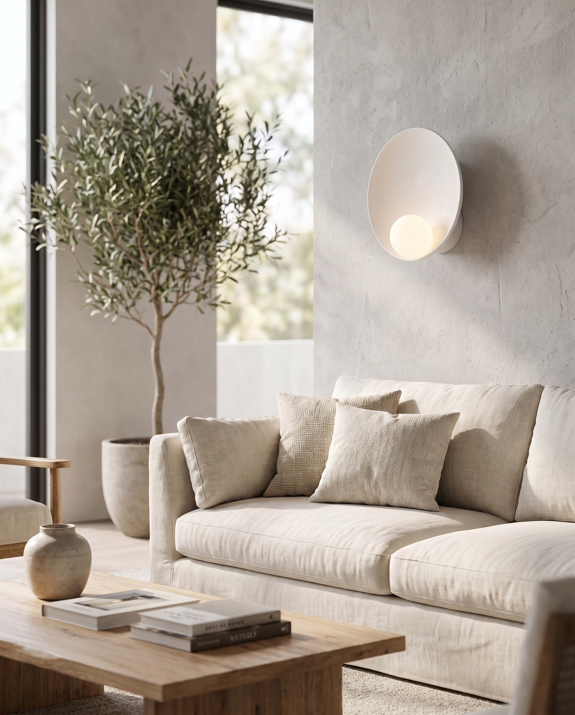 Luna Round Wall Sconce in White on a living room wall
