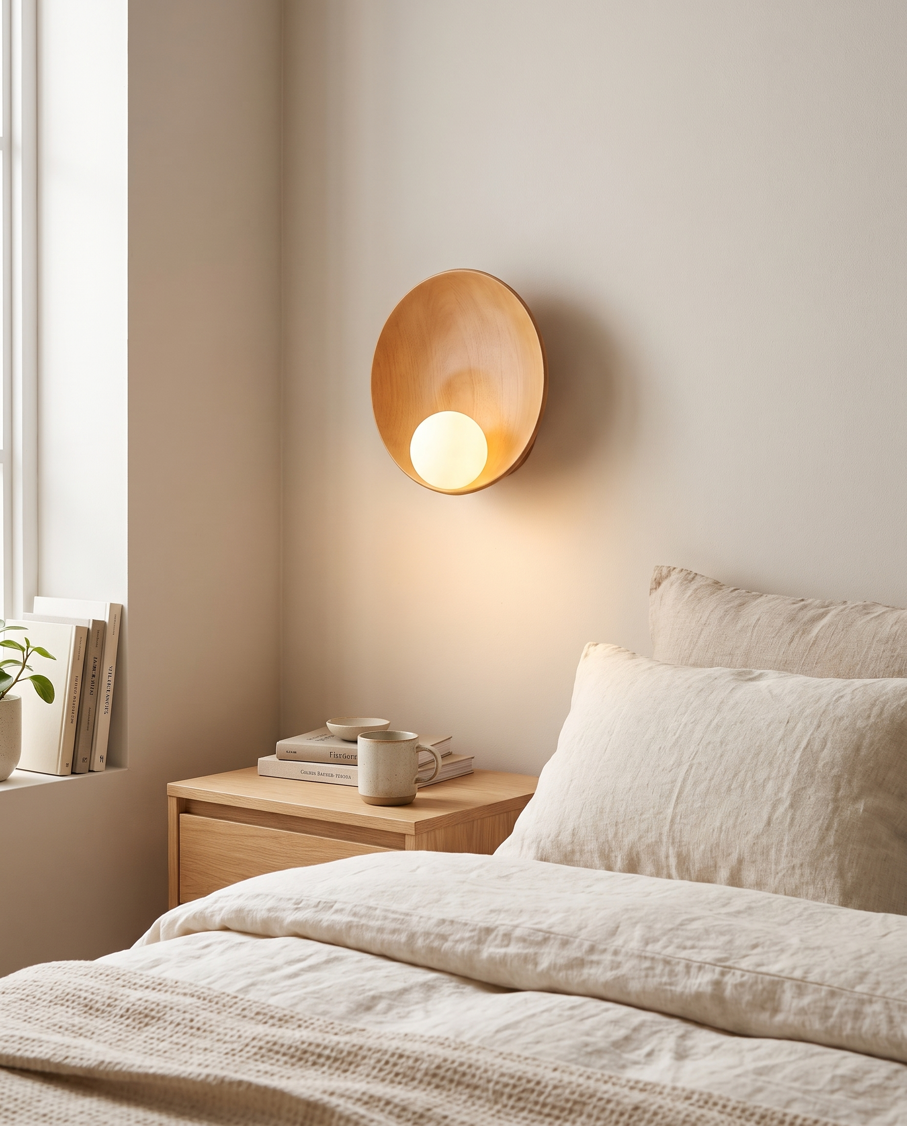 Luna Round Wall Sconce in Wood finish above a bedroom nightstand