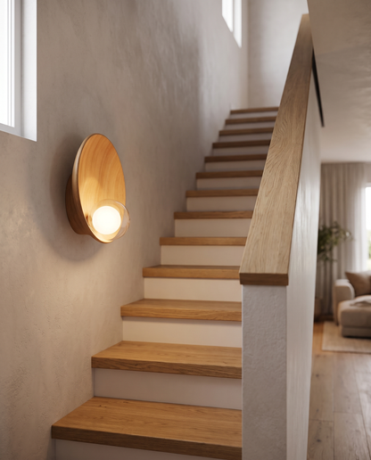 Luna Round Wall Sconce in Wood finish on a staircase wall