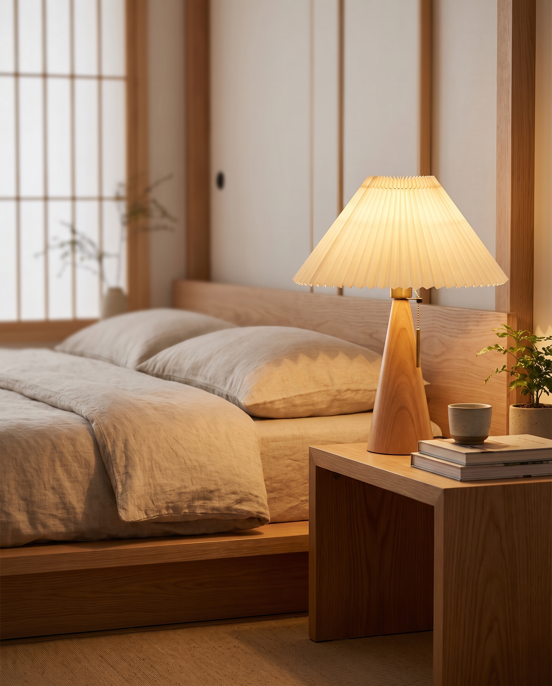 Yumi Table Lamp in Light Brown on a bedroom nightstand