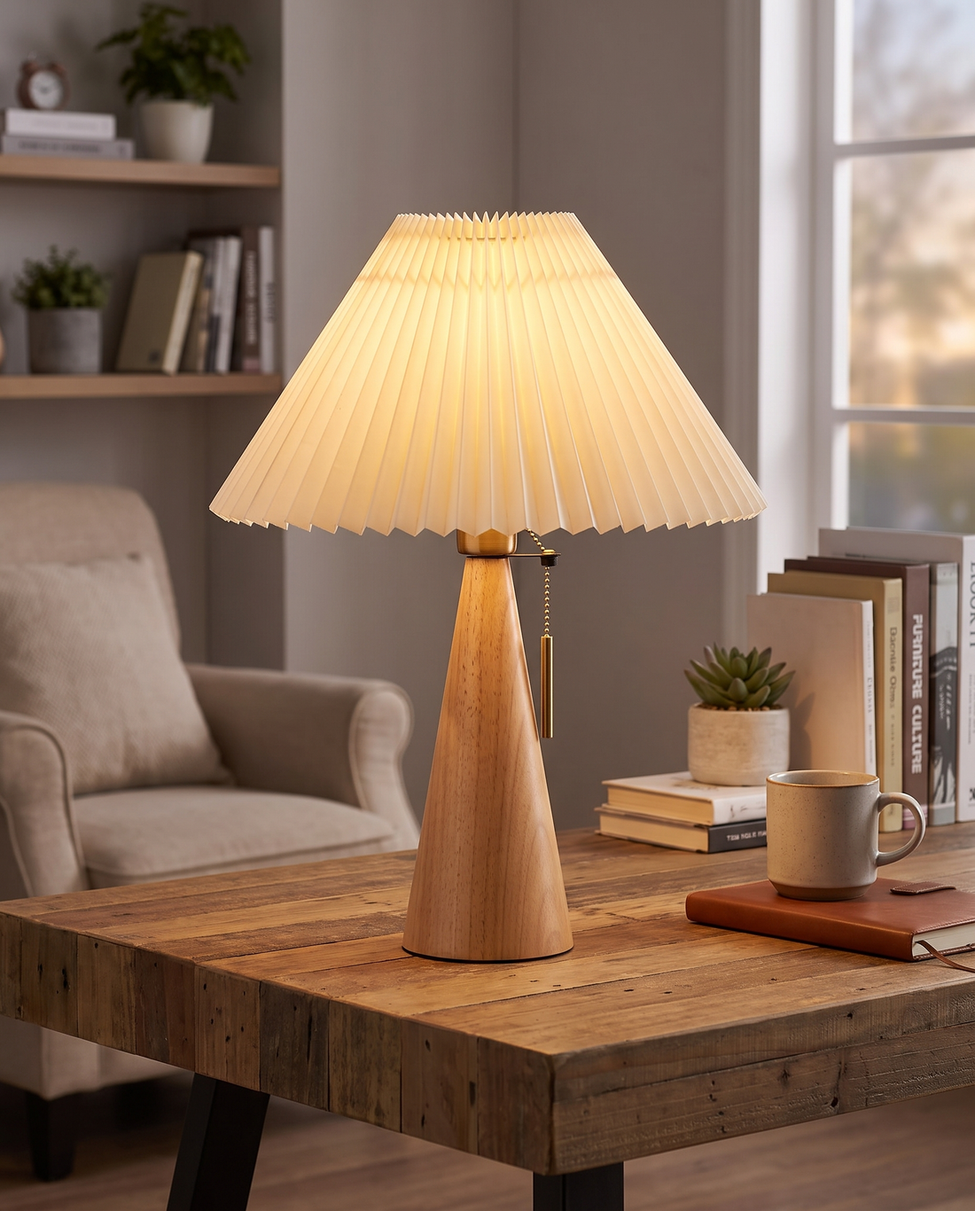 Yumi Table Lamp in Light Brown on a home office desk