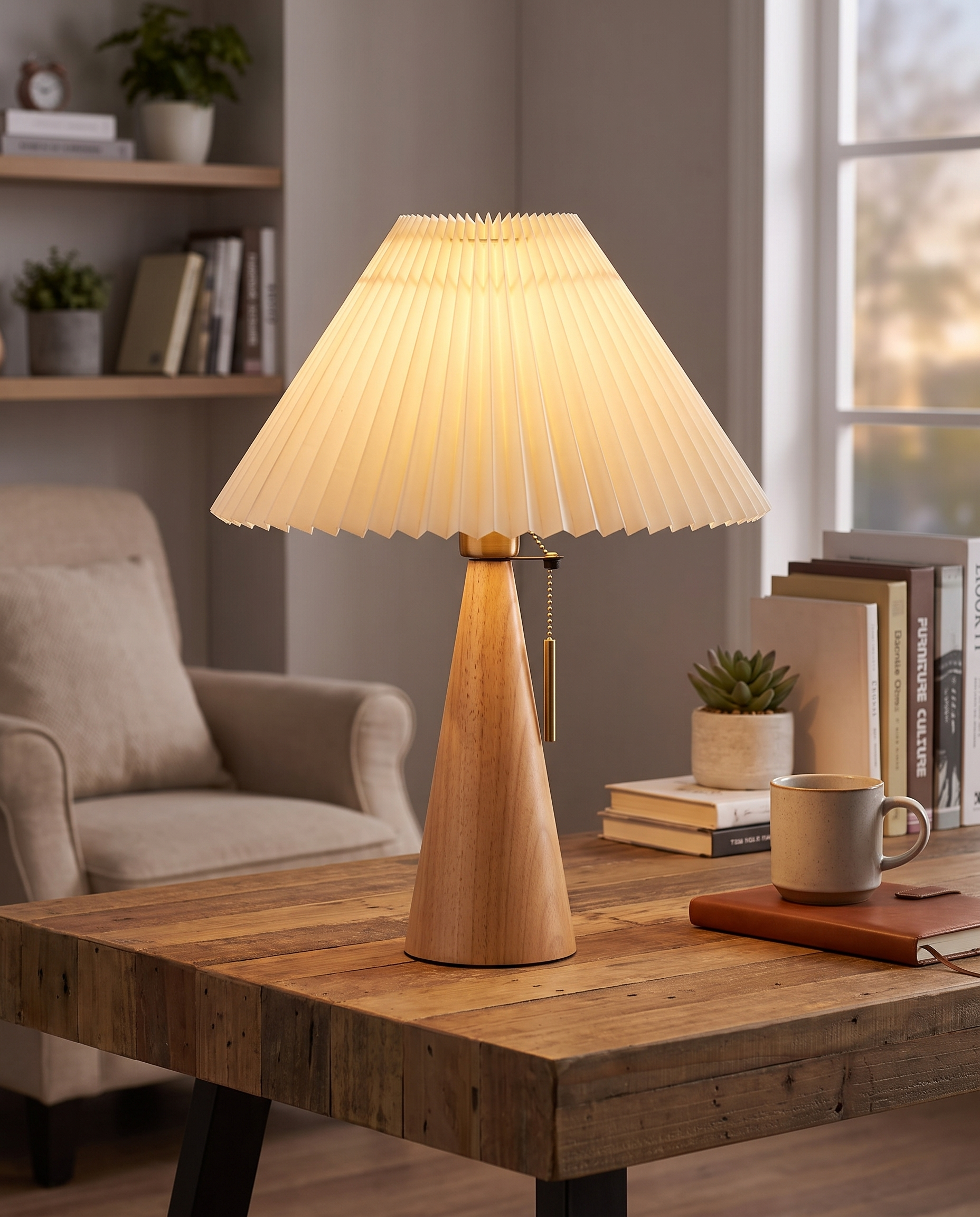 Yumi Table Lamp in Light Brown on a home office desk