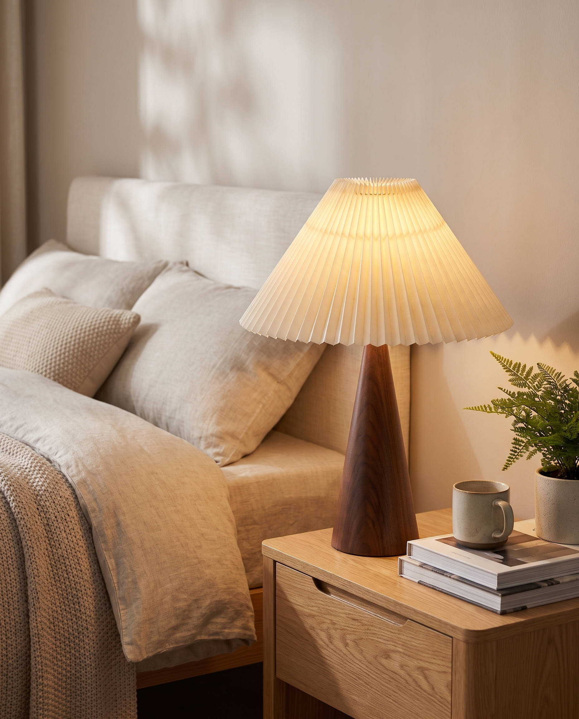 Yumi Table Lamp in Walnut on a bedroom nightstand