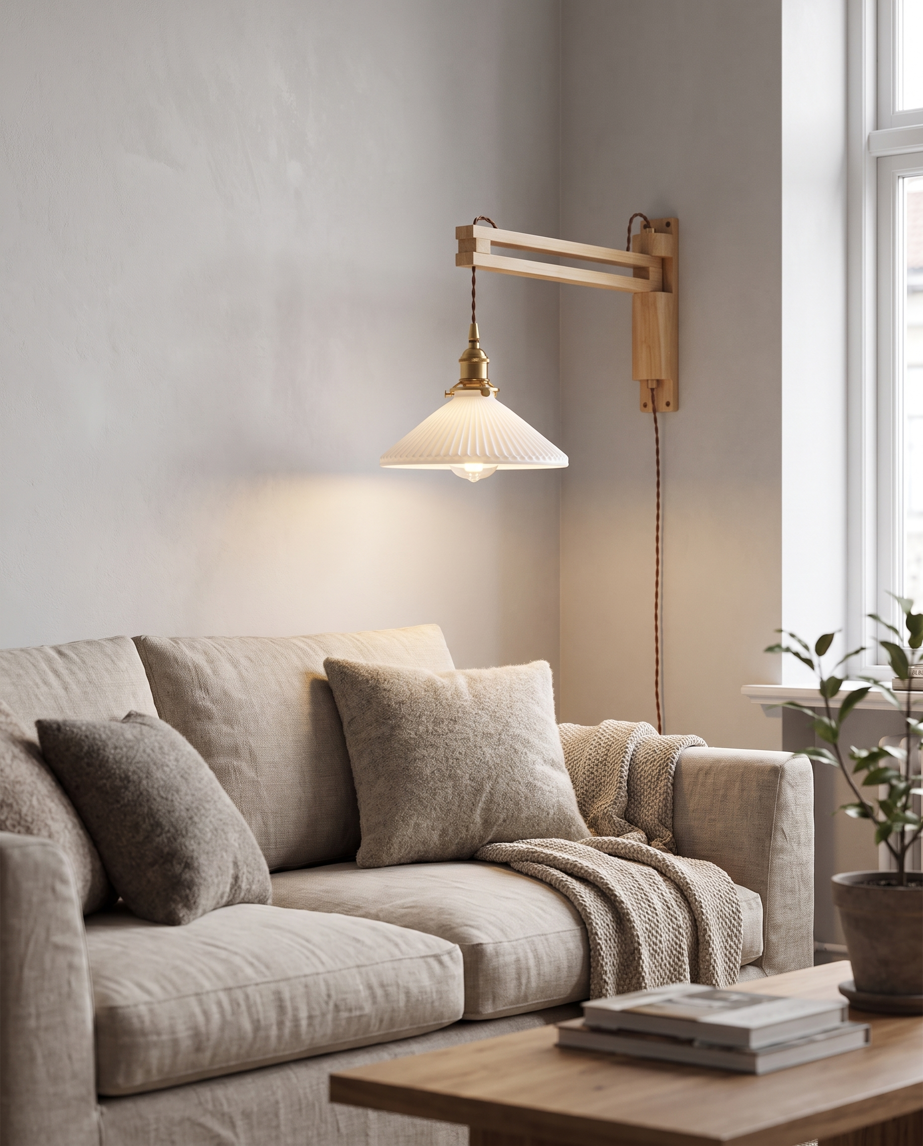 Bjork Glass Wall Sconce in Rubberwood in a living room