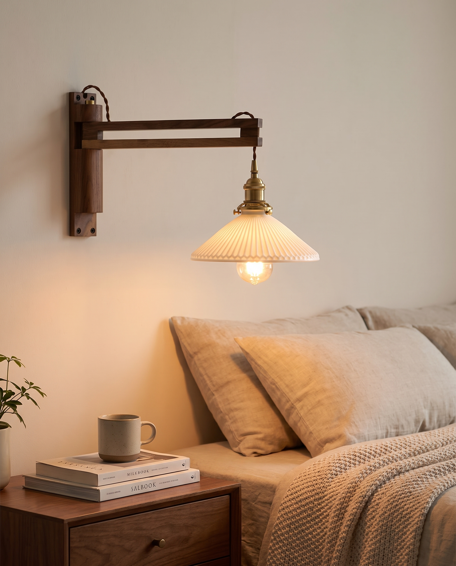 Bjork Glass Wall Sconce in Walnut in a bedroom