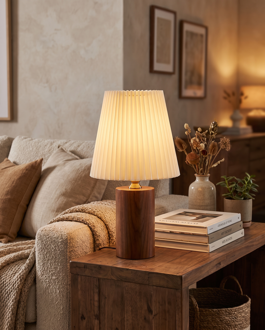 Seol Table Lamp in Walnut on a living room console