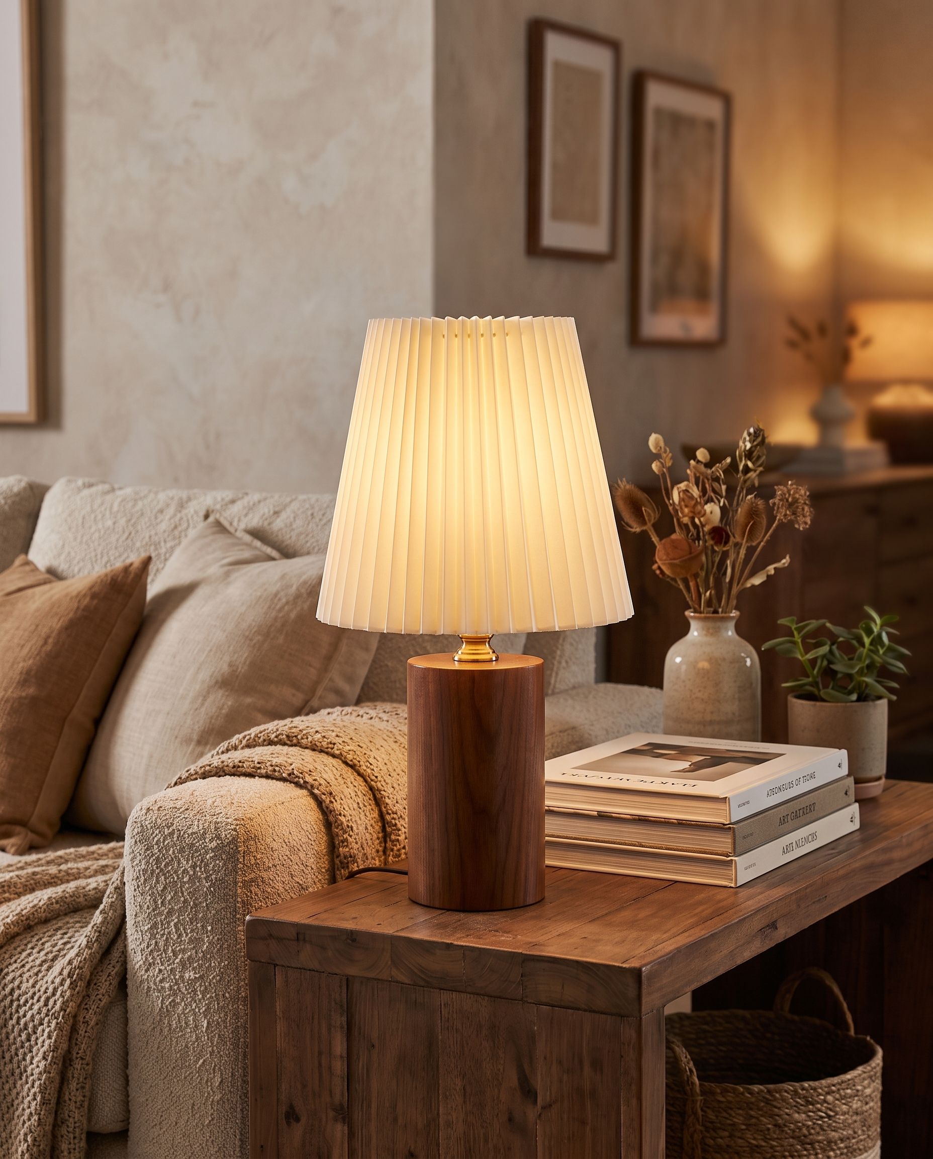 Seol Table Lamp in Walnut on a living room console