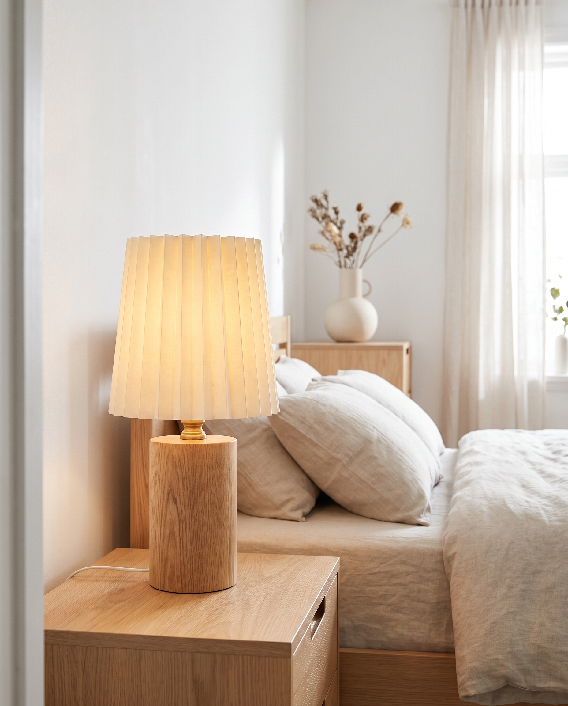 Seol Table Lamp in Wood on a bedroom nightstand
