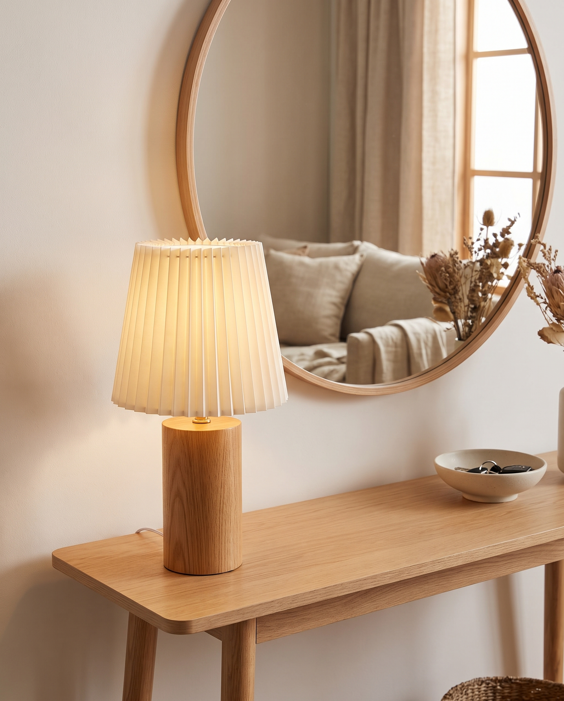 Seol Table Lamp in Wood on an entryway console