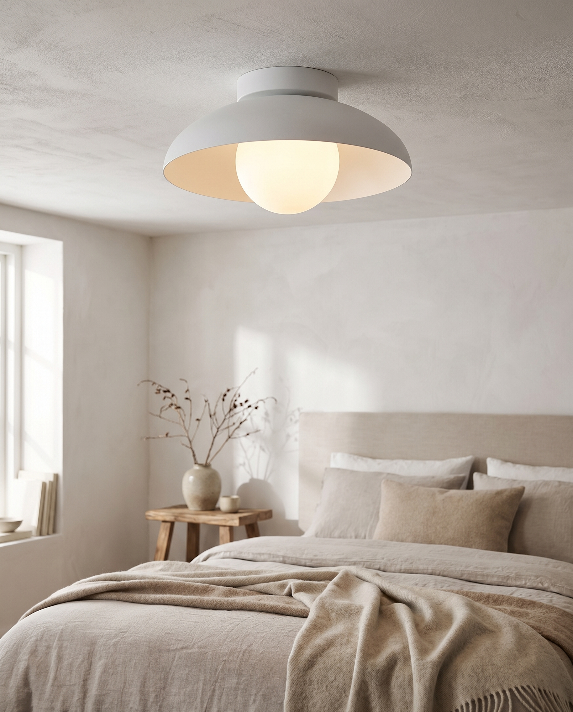 Noor Ceiling Light in White in a bedroom