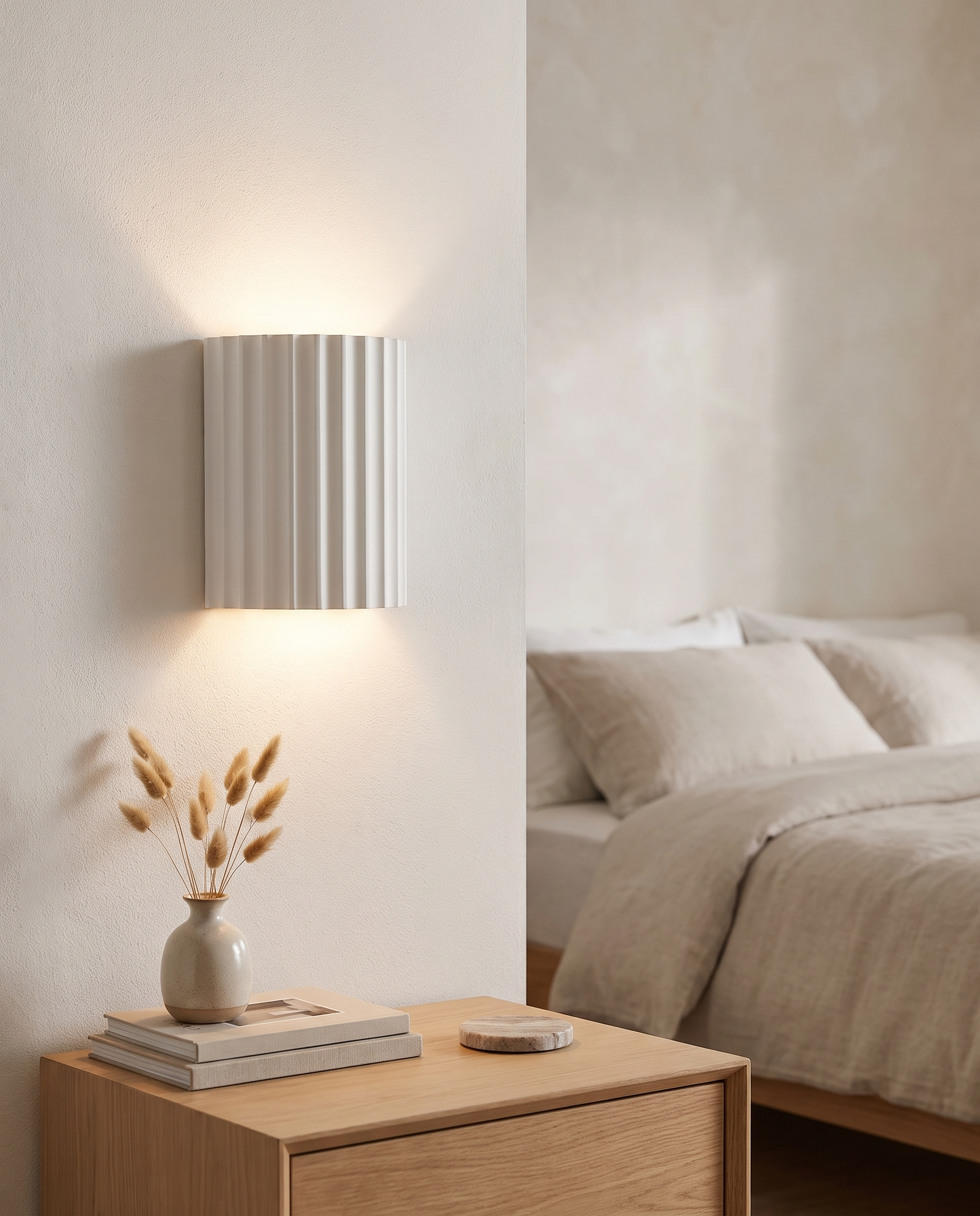 Momo Wall Sconce in White in a bedroom