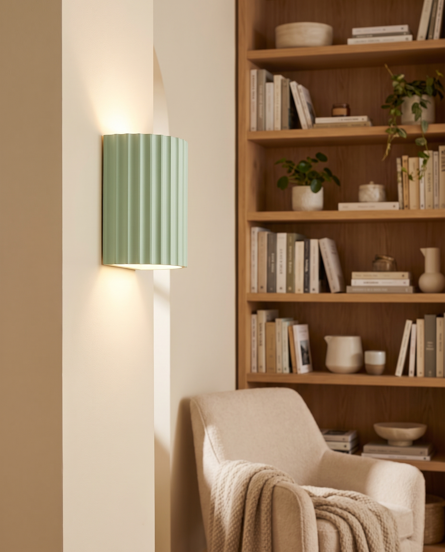 Momo Wall Sconce in Green in a bedroom