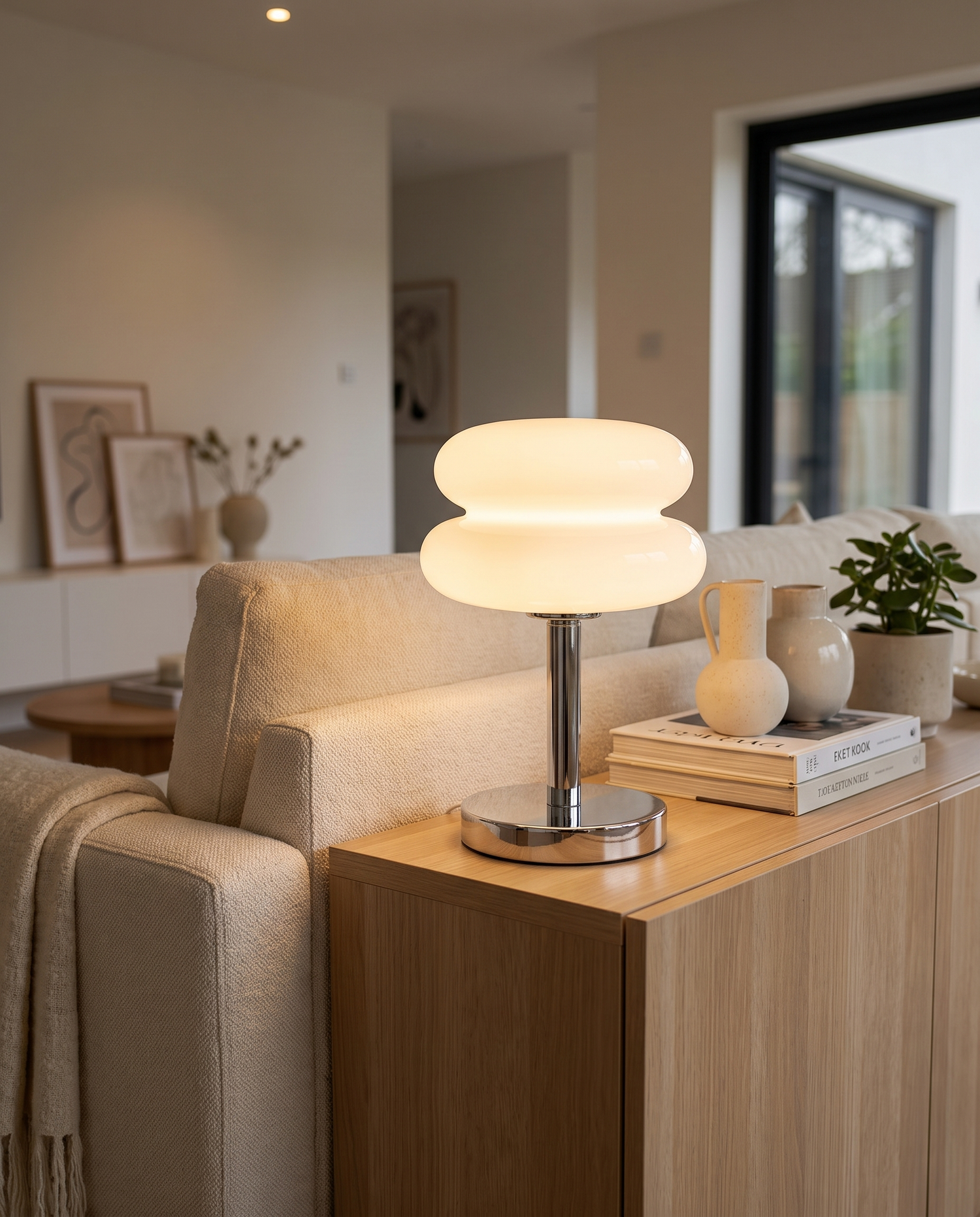 Tarta Table Lamp in White on a living room console beside a sofa