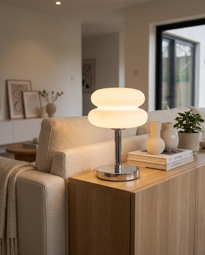 Tarta Table Lamp in White on a living room console beside a sofa