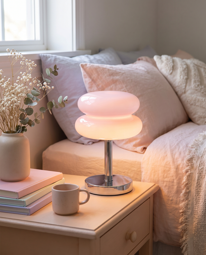 Tarta Table Lamp in Pink on a bedroom nightstand