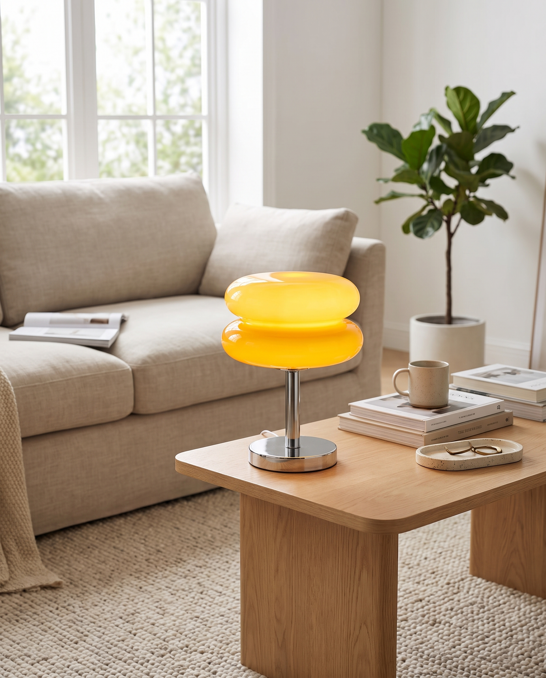 Tarta Table Lamp in Yellow on a living room side table