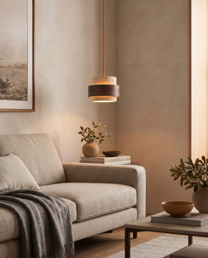Colonna Travertine Pendant Light in a living room