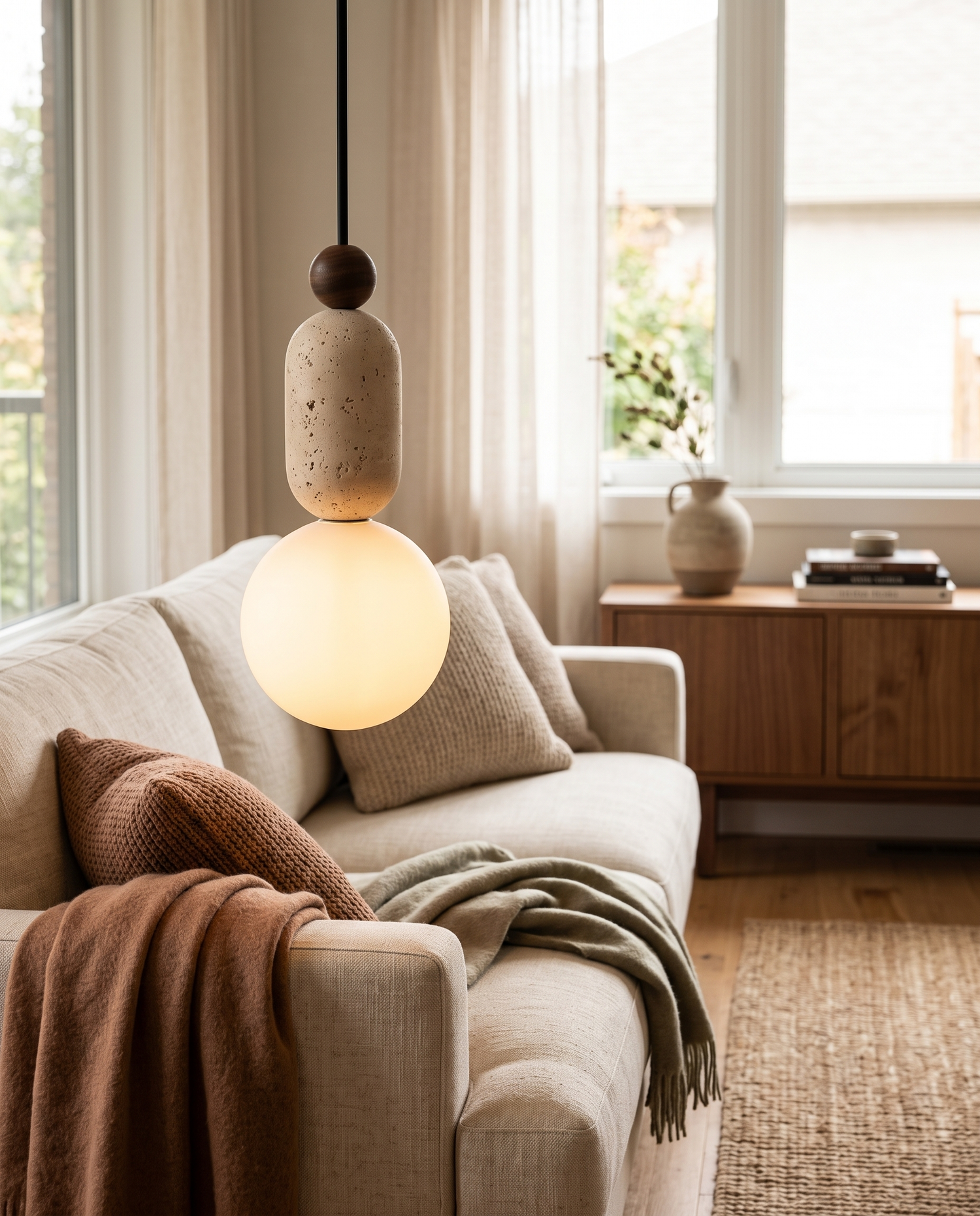 Anello Travertine Pendant Light in a living room