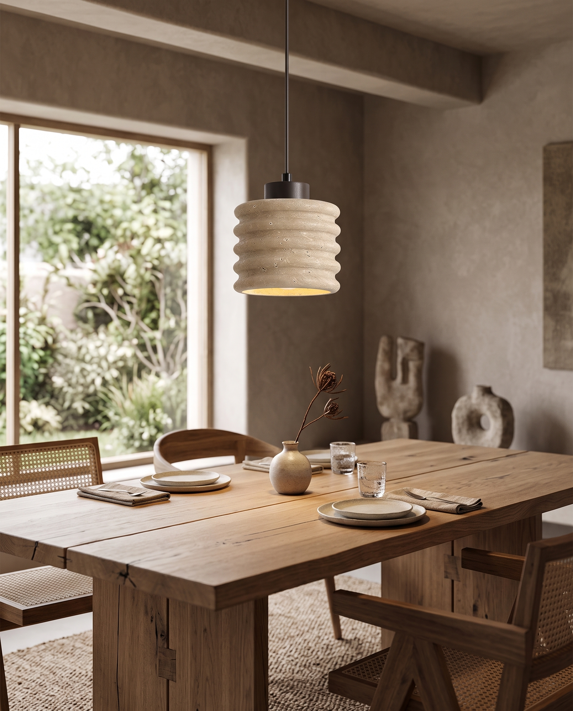 Onda Travertine Pendant Light over a dining table