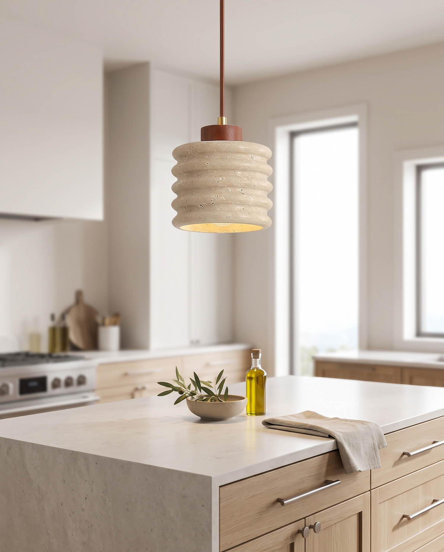 Onda Travertine Pendant Light over a kitchen island