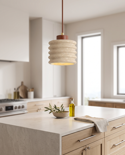 Onda Travertine Pendant Light over a kitchen island