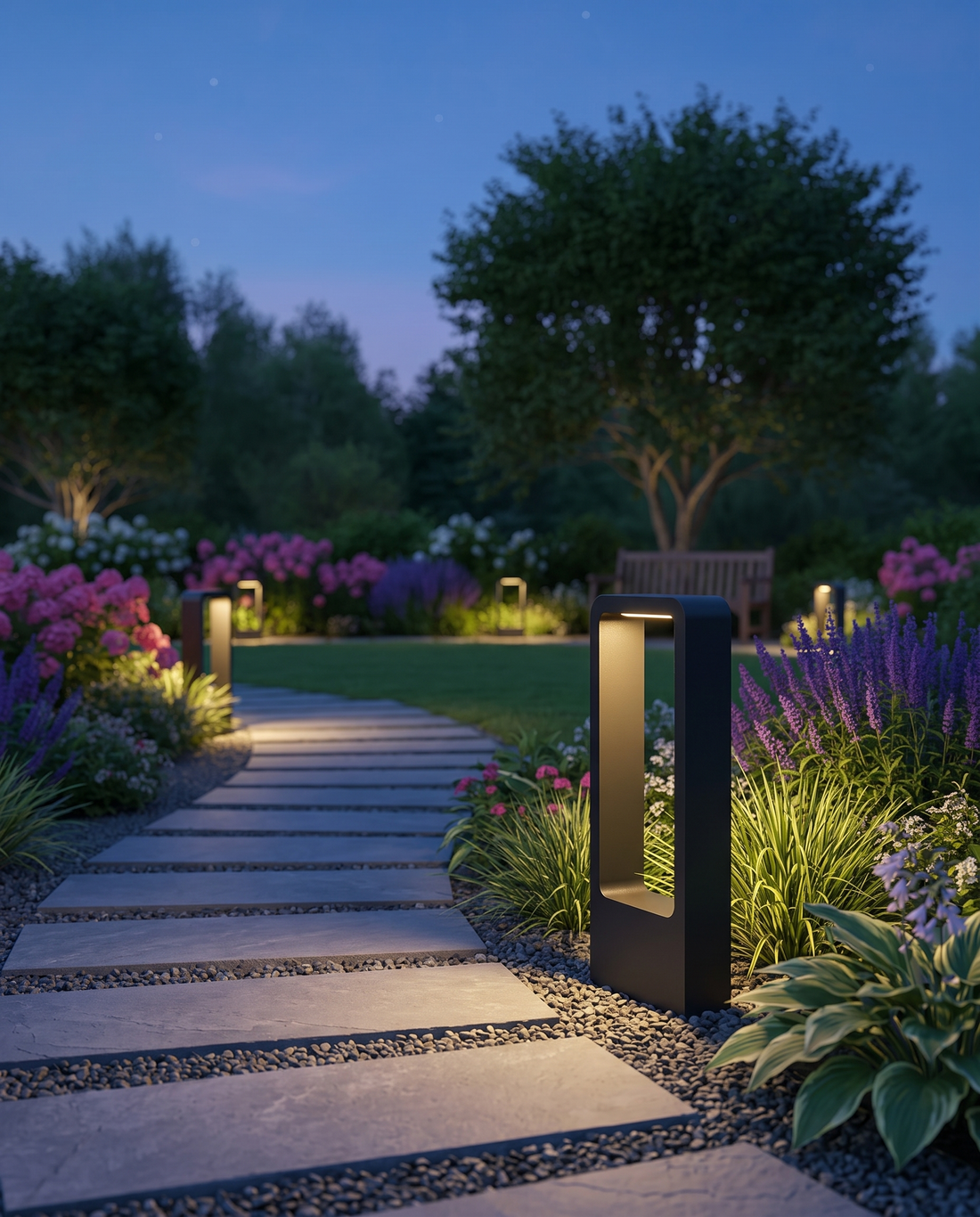 Vialo Outdoor Bollard Light on a garden path