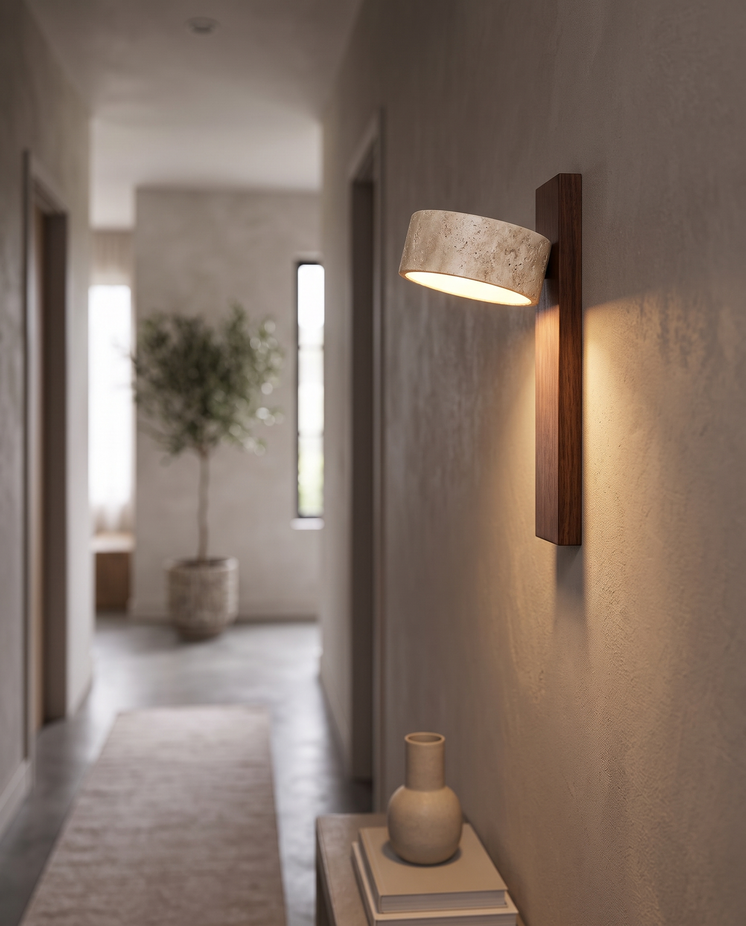 Perno Travertine Wall Light in a hallway