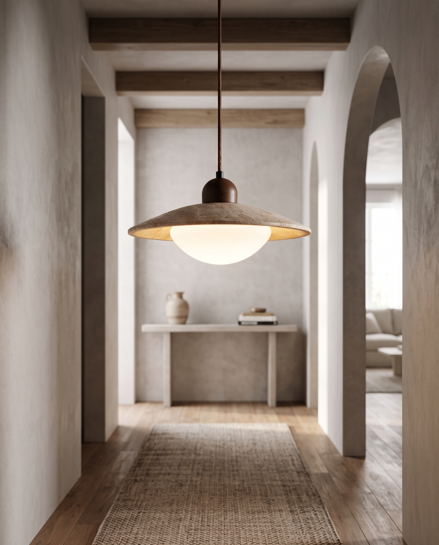 Disco Travertine Pendant Light in a hallway