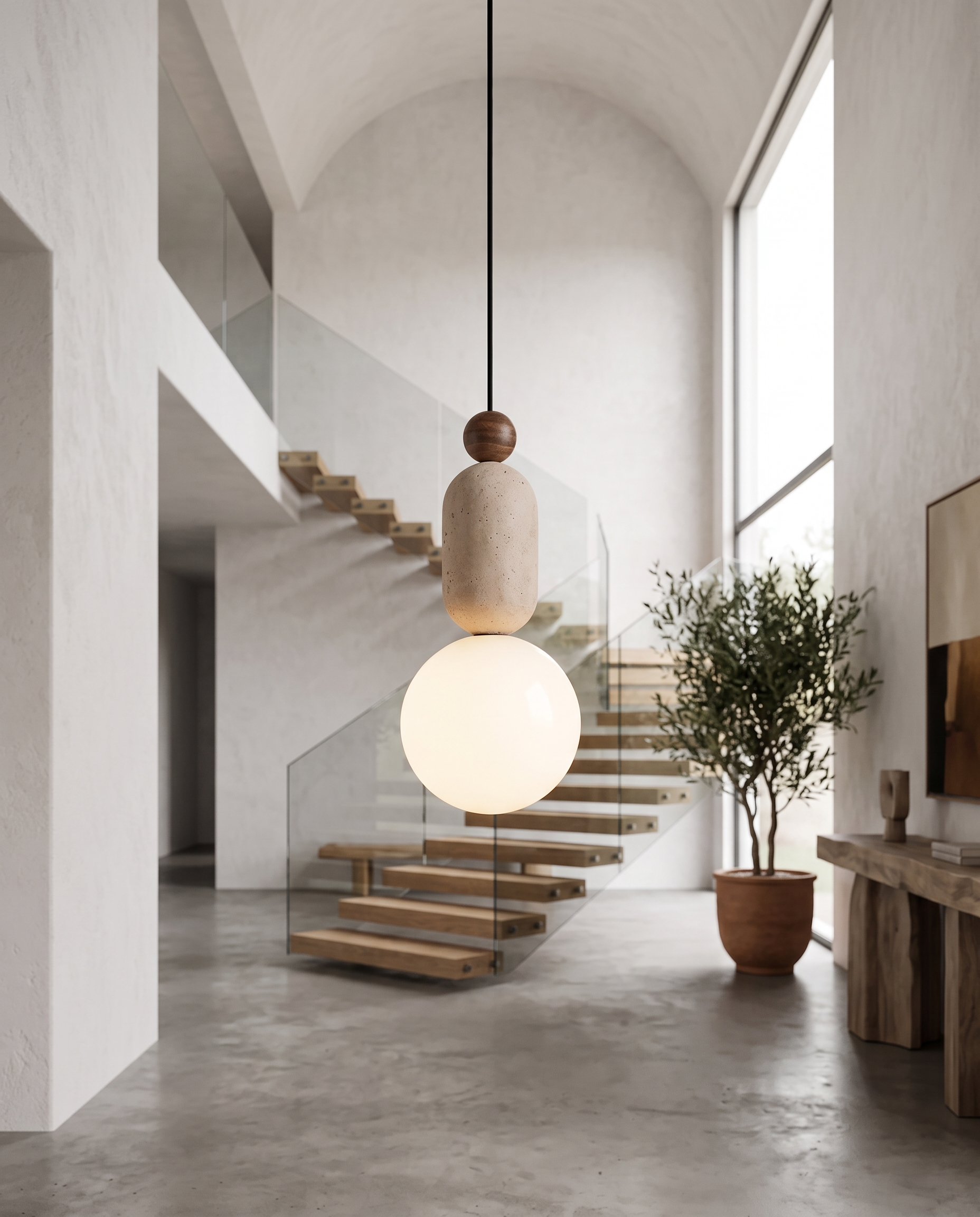 Anello Travertine Pendant Light in a high-ceiling foyer