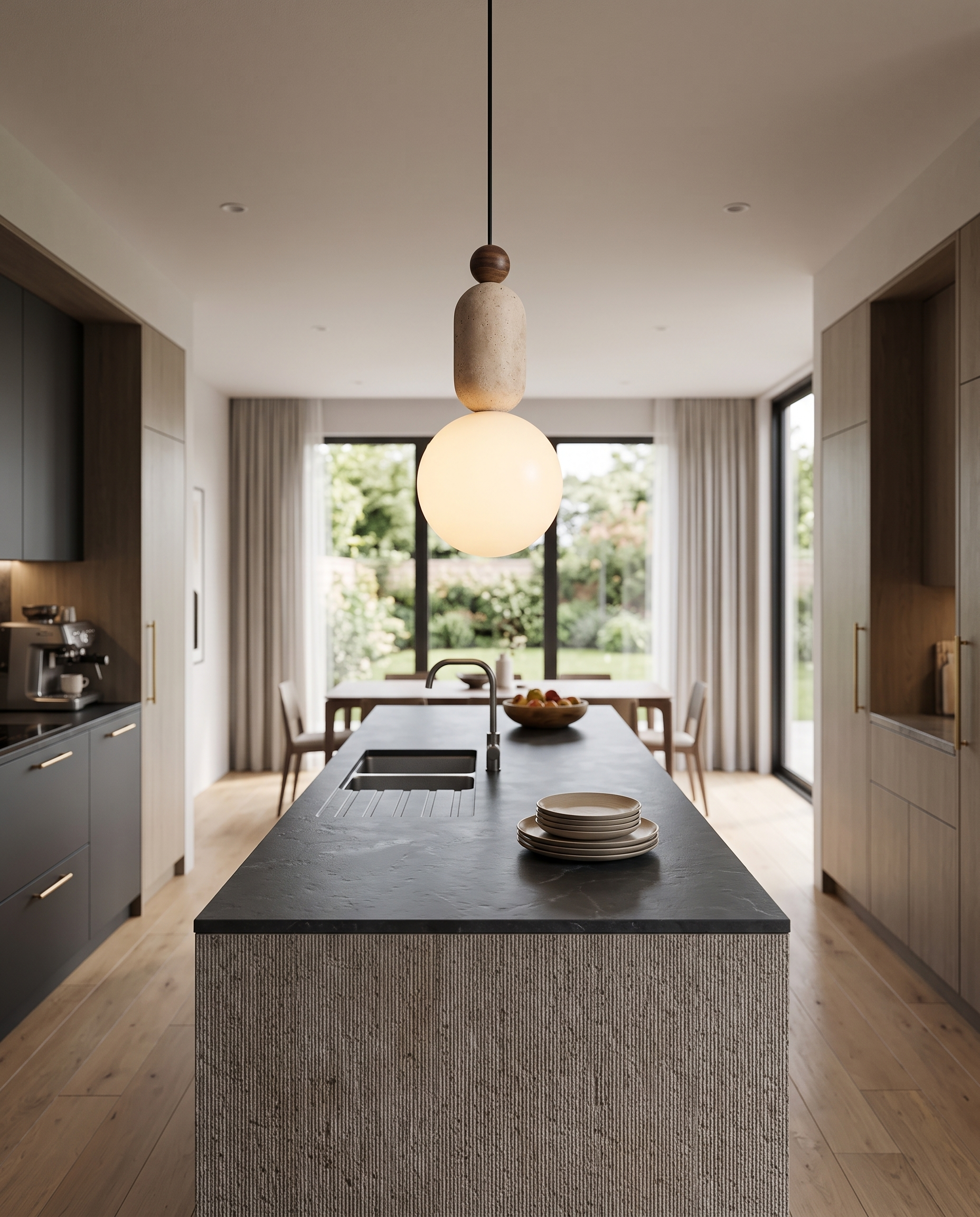 Anello Travertine Pendant Light over a kitchen island