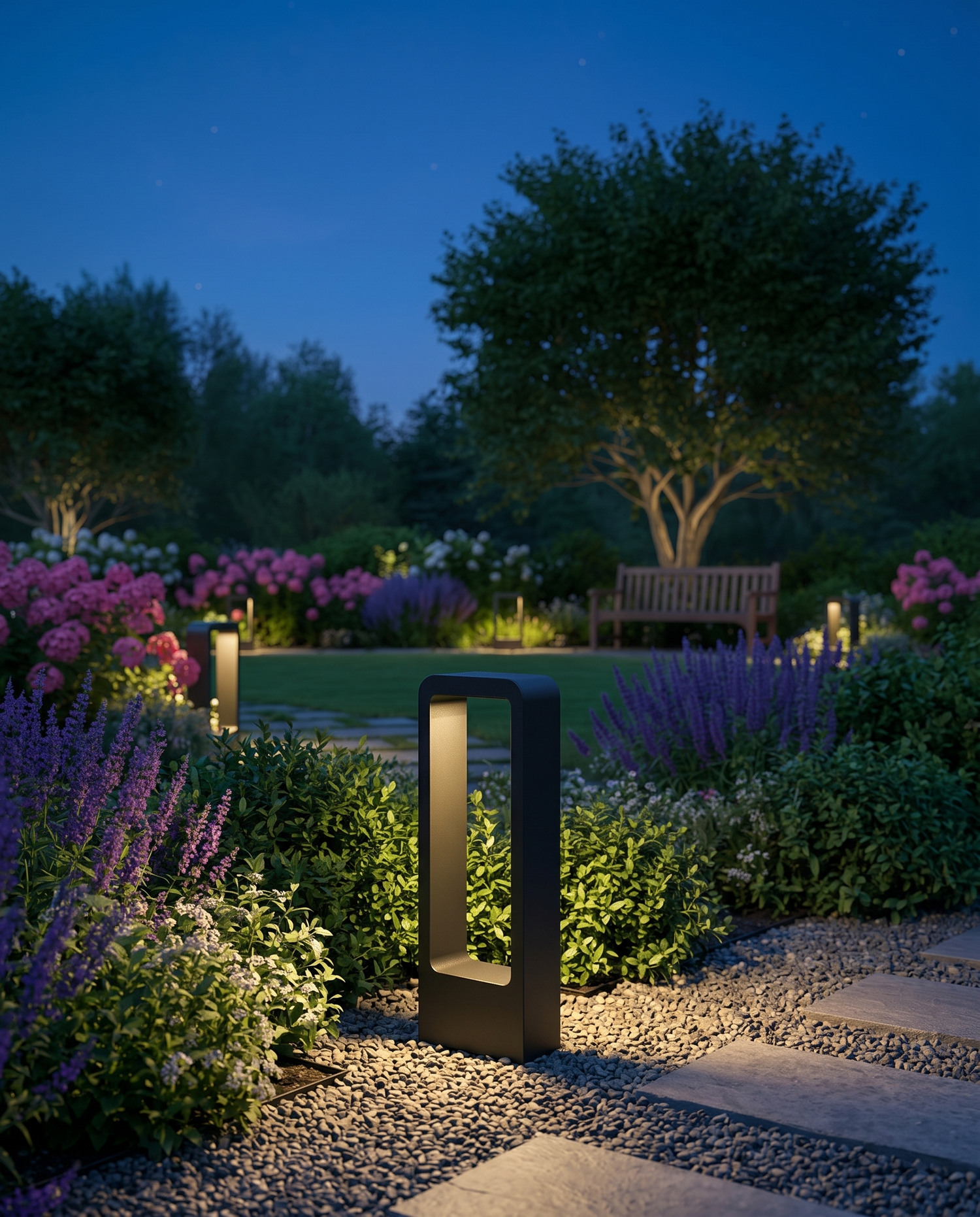 Vialo Outdoor Bollard Light in a courtyard garden