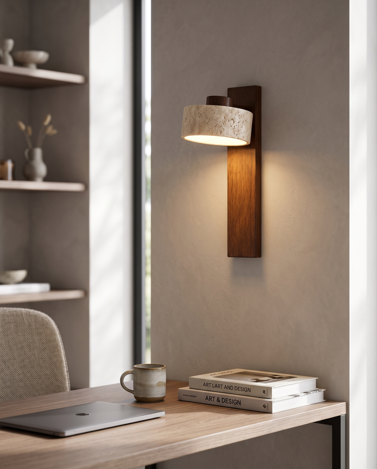 Perno Travertine Wall Light in a home office
